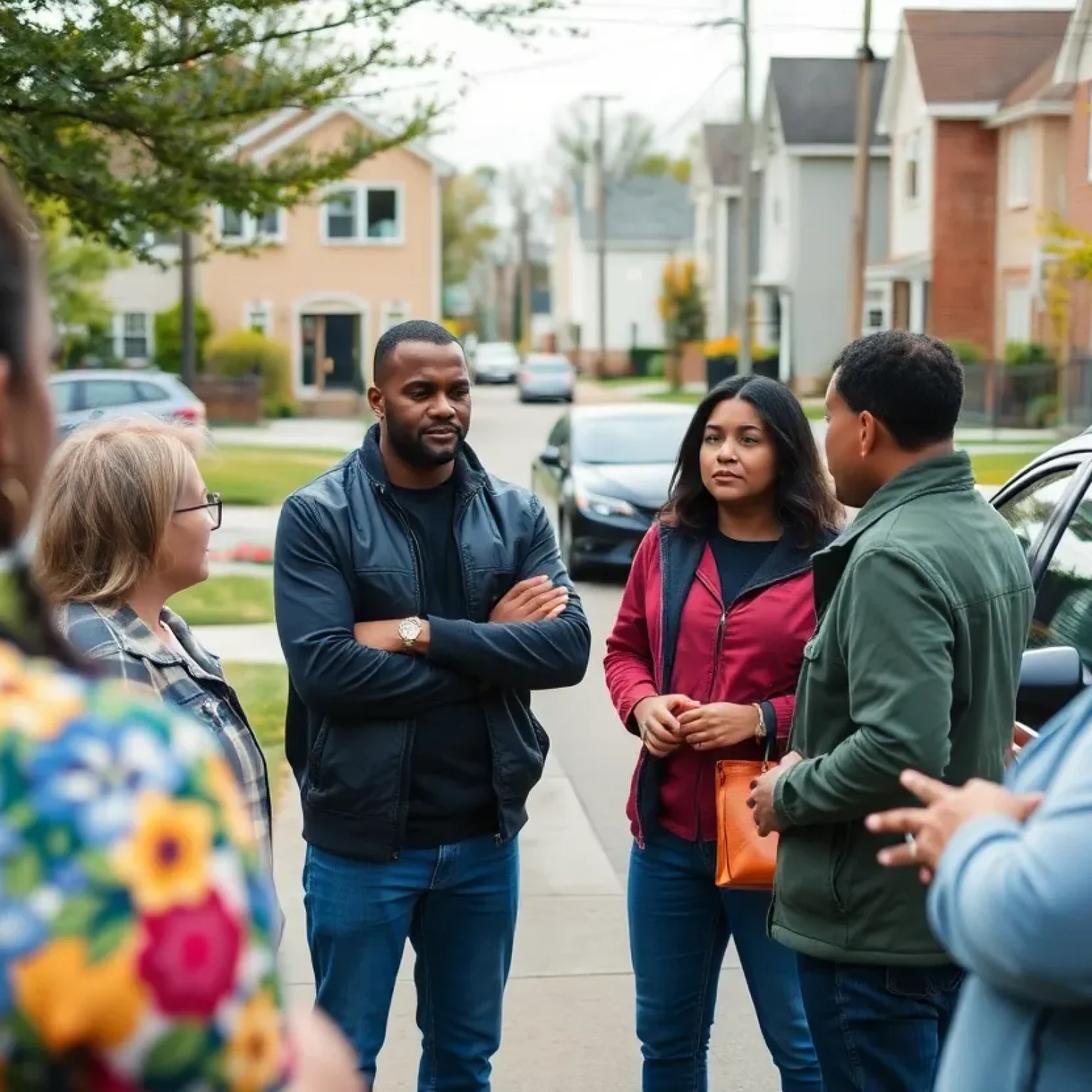 Residents discussing safety after a robbery alert.