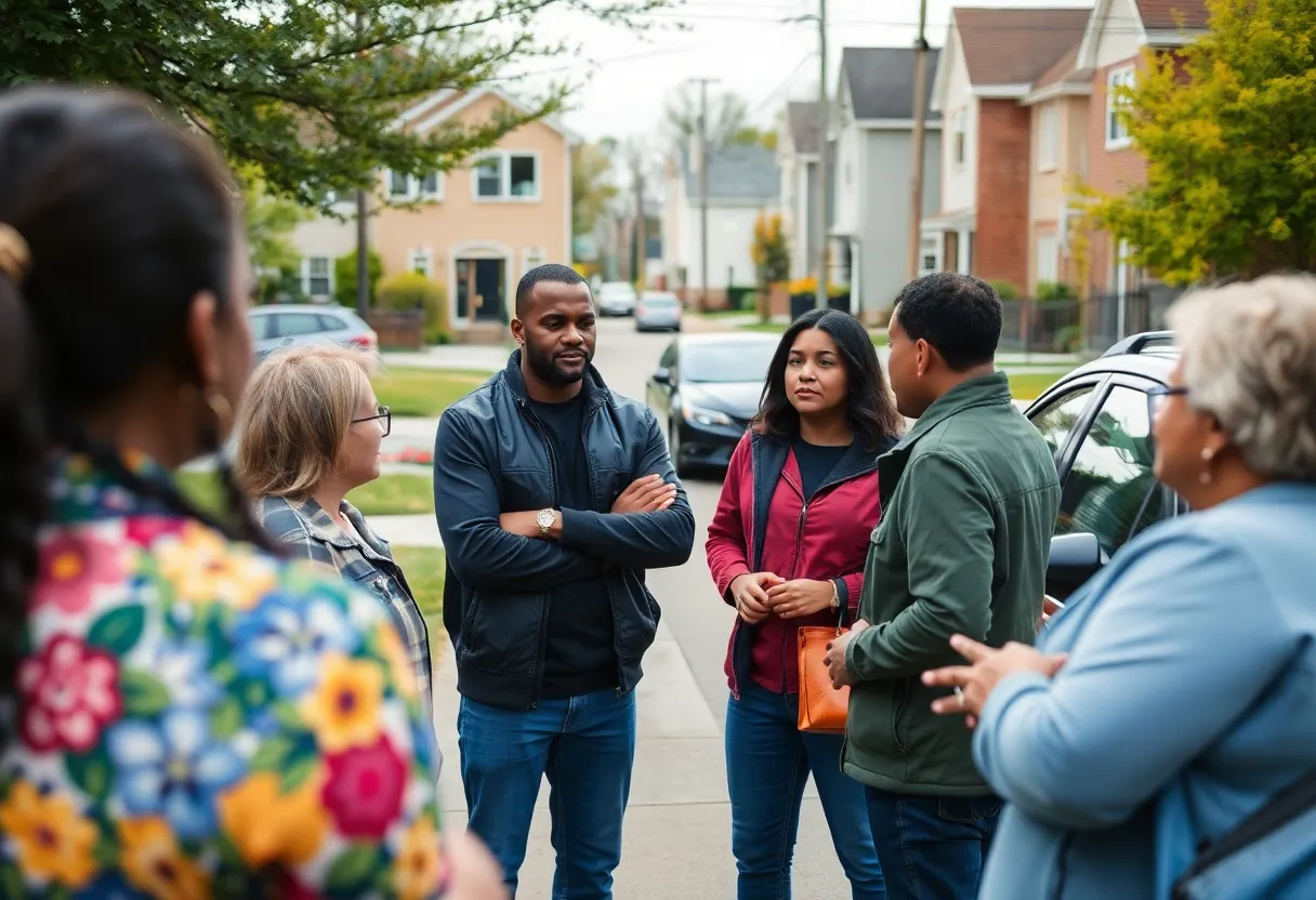 Residents discussing safety after a robbery alert.