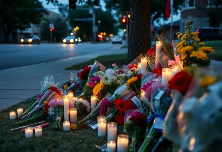 Community memorial with candles and flowers in Bryan, Texas