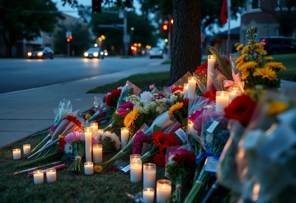 Community memorial with candles and flowers in Bryan, Texas
