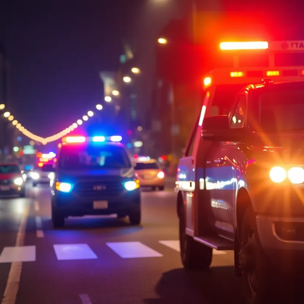Police lights flashing on a dark street with a tow truck