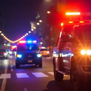 Police lights flashing on a dark street with a tow truck