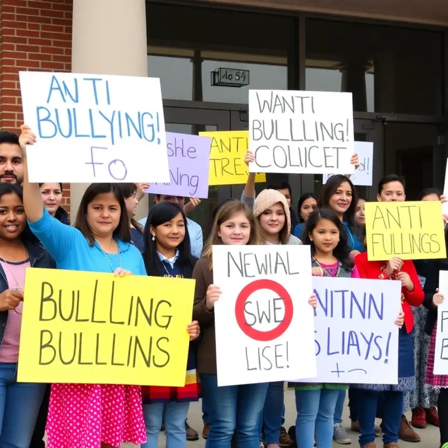 Families protesting outside Bryan ISD administration building for stronger anti-bullying actions.