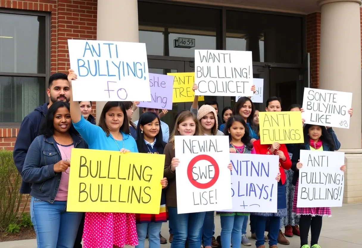 Families protesting outside Bryan ISD administration building for stronger anti-bullying actions.