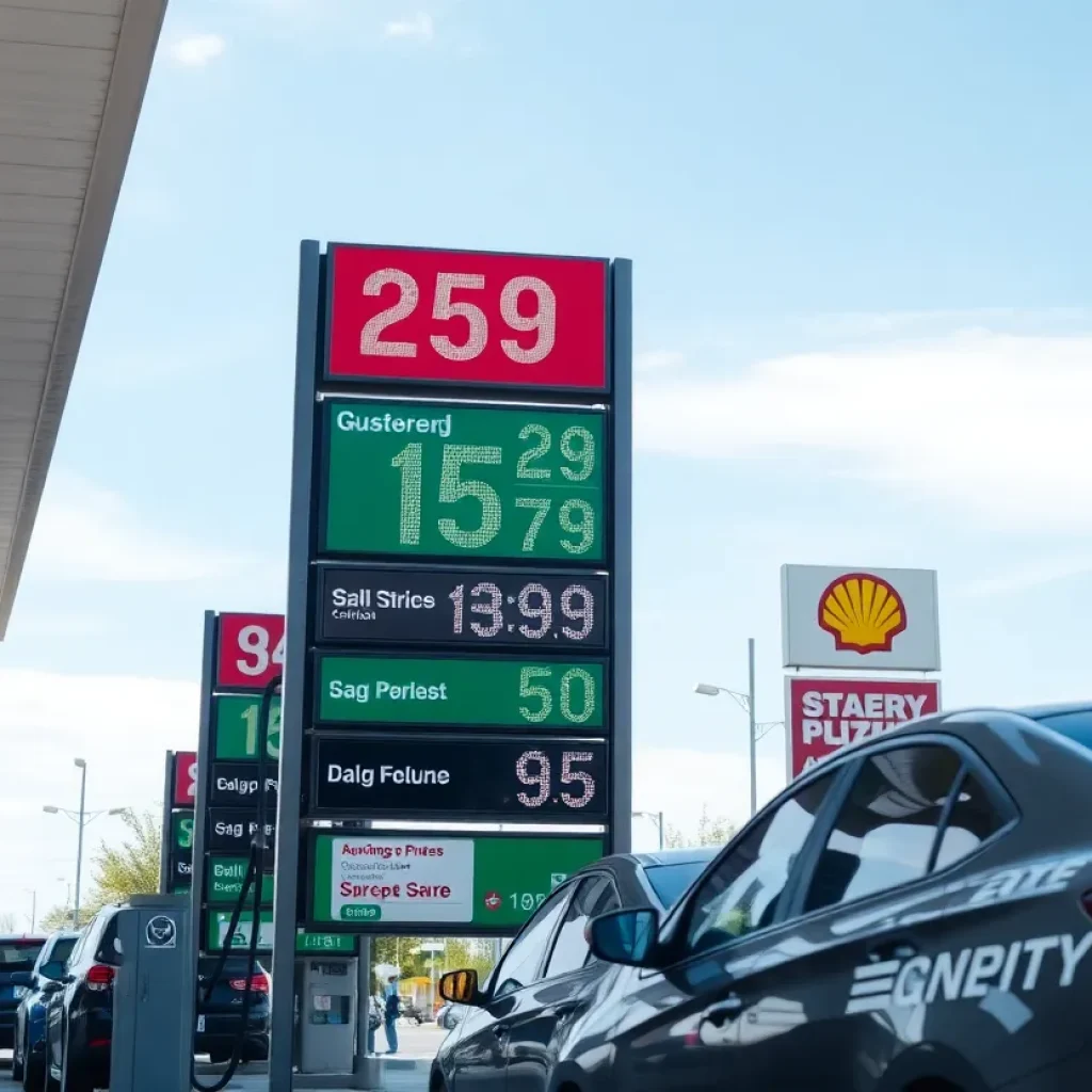 Cars at a gas station with fluctuating prices displayed