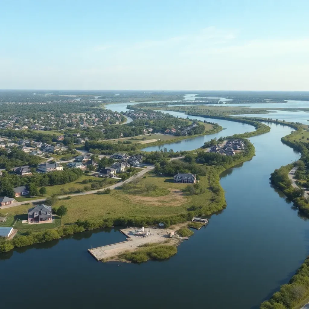 Aerial view of Georgetown, Texas showcasing a water reservoir and residential neighborhoods.