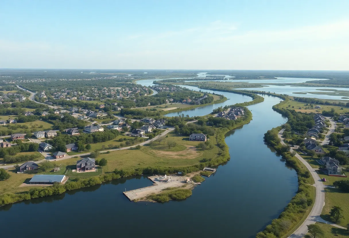 Aerial view of Georgetown, Texas showcasing a water reservoir and residential neighborhoods.