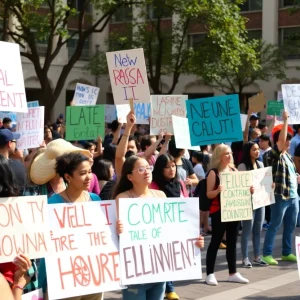 Protesters gathered at the Hands Off! Protest, showcasing colorful signs and a diverse crowd.