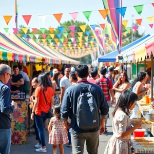Families enjoying the ILTexas College Station International Festival with colorful booths and food.