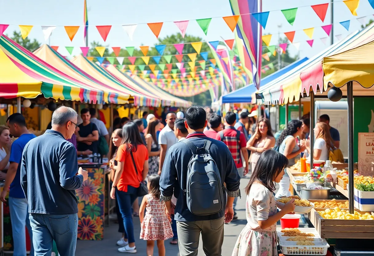 Families enjoying the ILTexas College Station International Festival with colorful booths and food.
