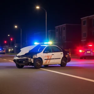 Police lights and a damaged vehicle at a scene of intoxicated driving