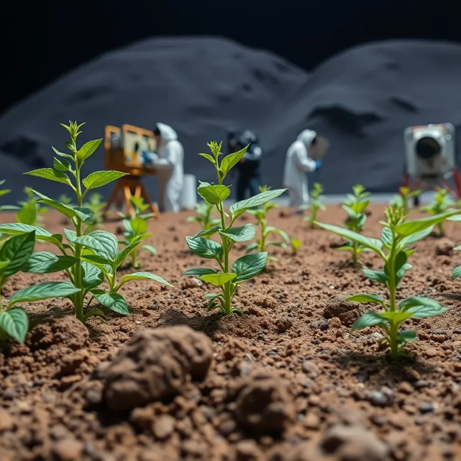 Agricultural setup on the Moon with plants growing in lunar soil simulants.