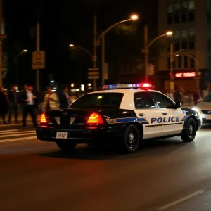 Police car chasing down a street during the night