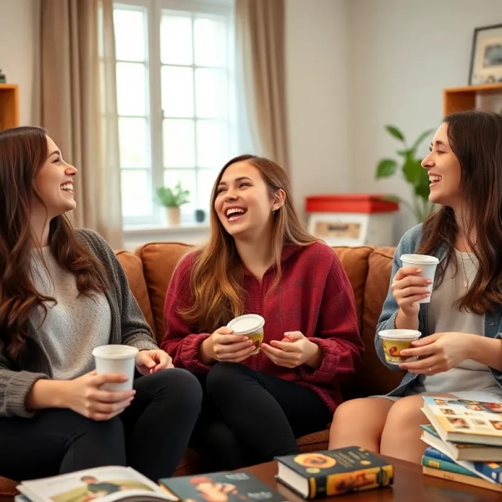 Three friends enjoying time together in their college apartment.