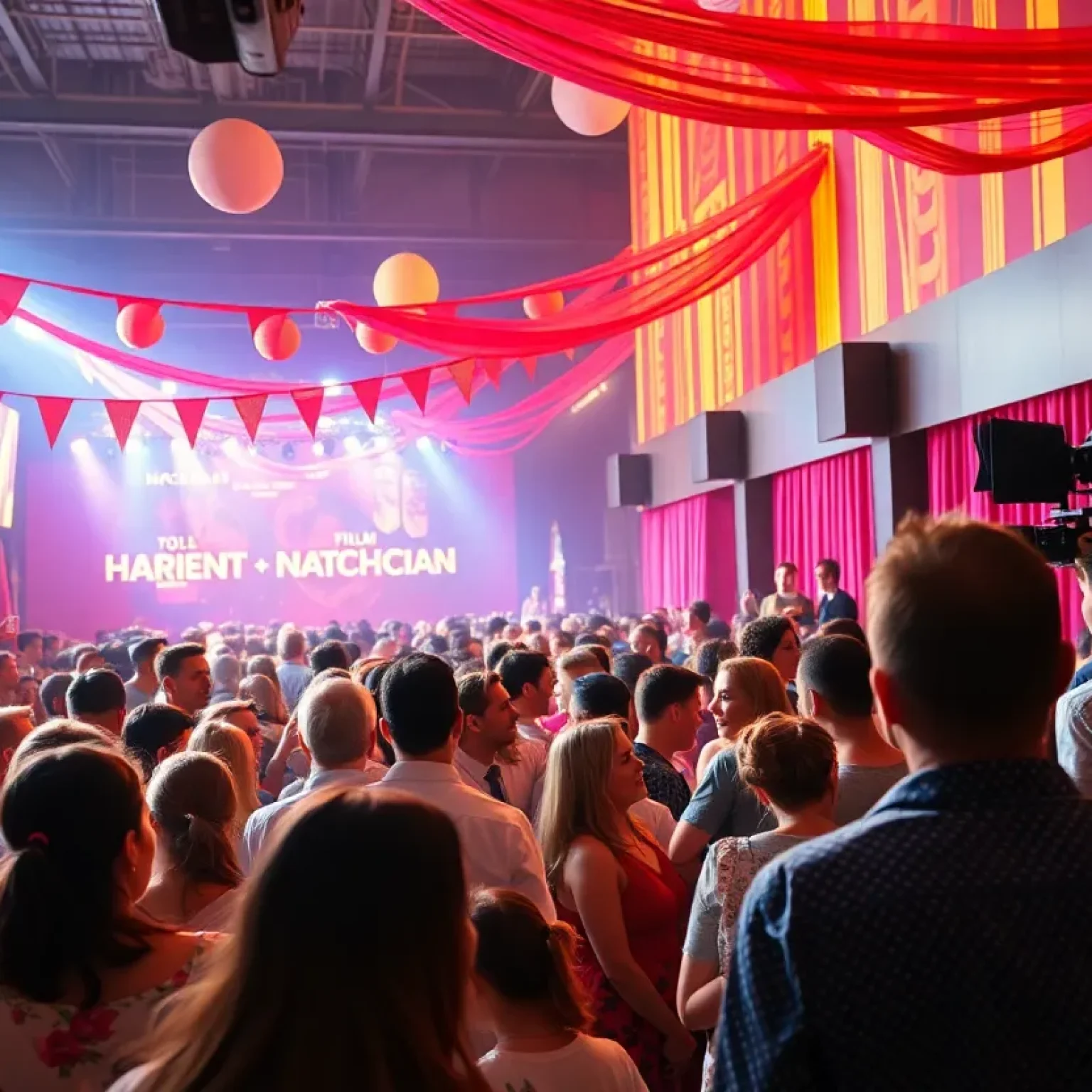 Crowd enjoying a lively film premiere party