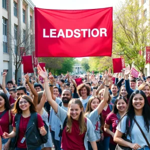Texas A&M students celebrating school spirit with banners and maroon colors.