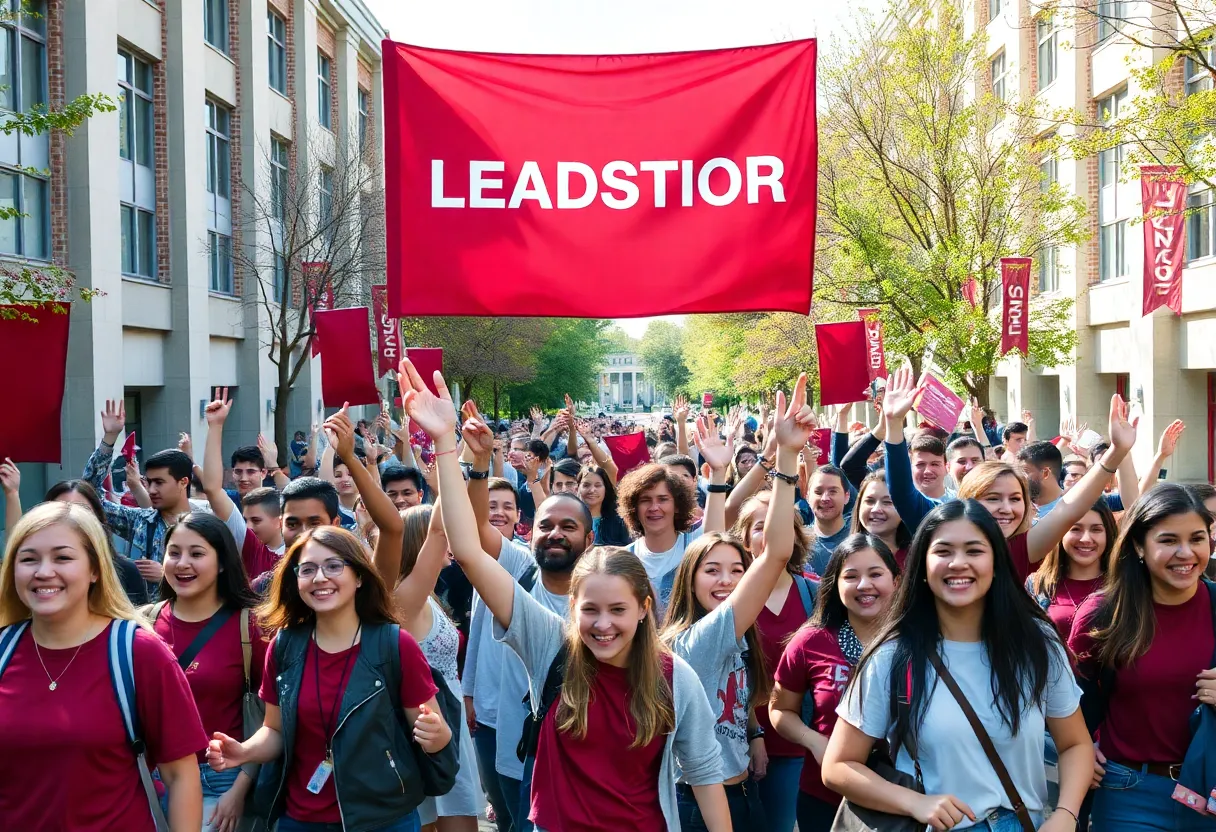 Texas A&M students celebrating school spirit with banners and maroon colors.