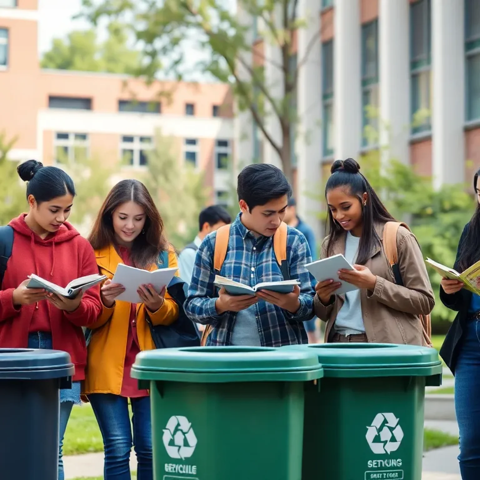 Students studying on university campus surrounded by greenery and recycling bins.