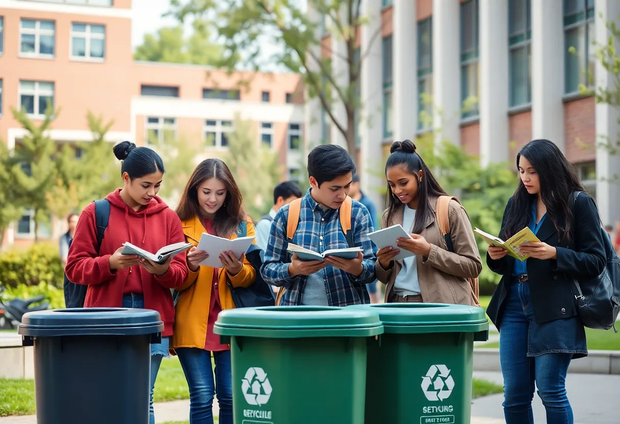 Students studying on university campus surrounded by greenery and recycling bins.