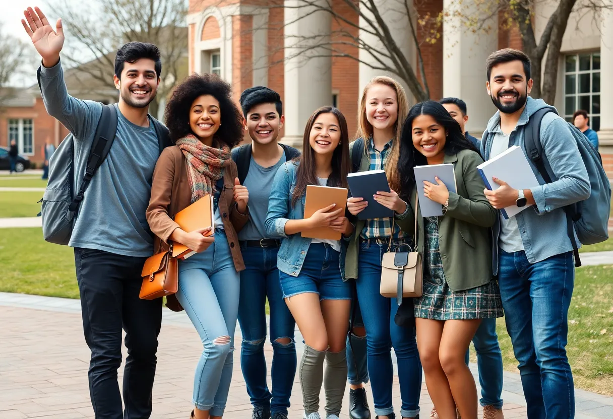 Diverse students celebrating on Texas A&M campus