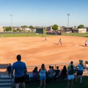 Texas A&M Aggies softball game against LSU with players in action.