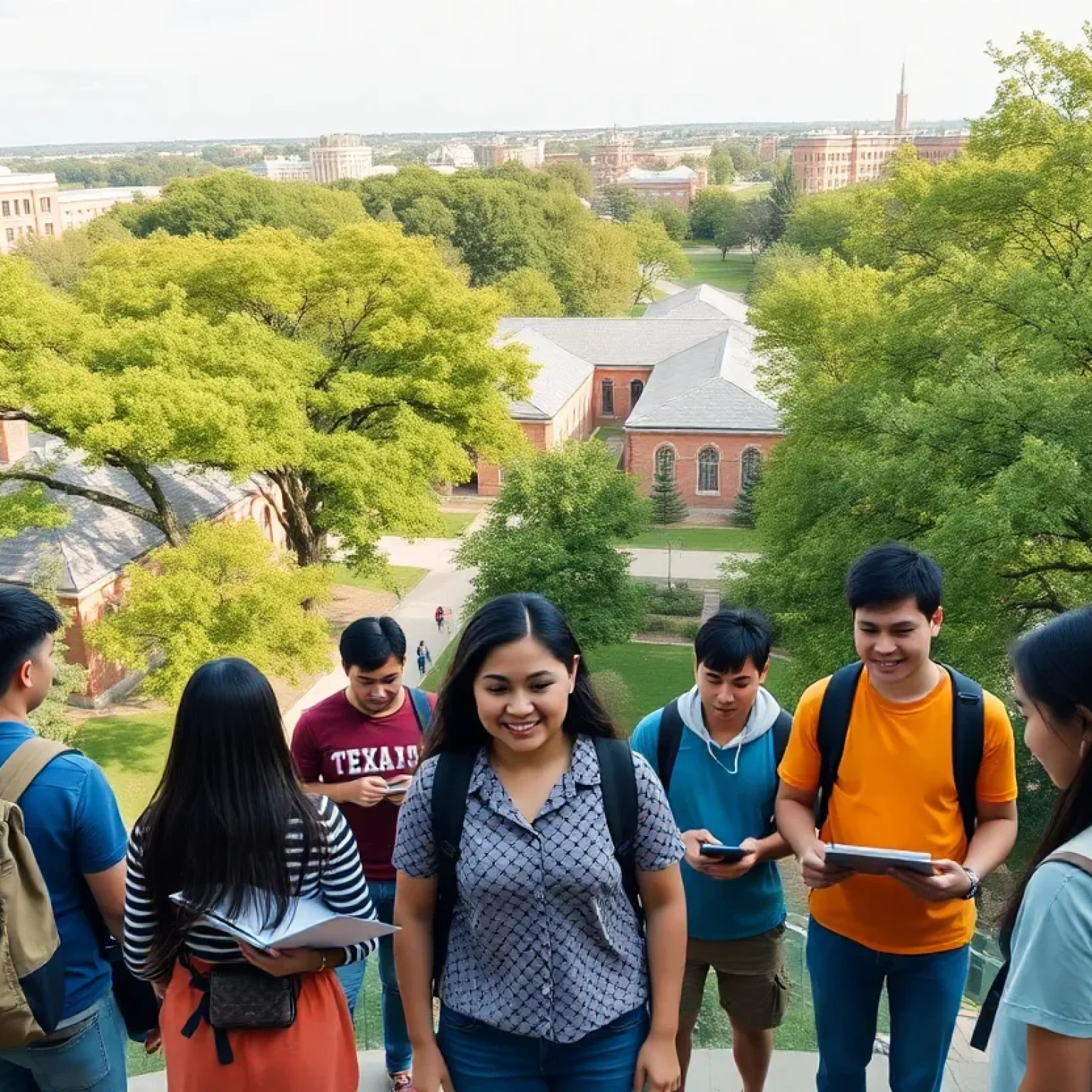 Texas A&M University campus with international students engaged in study and collaboration