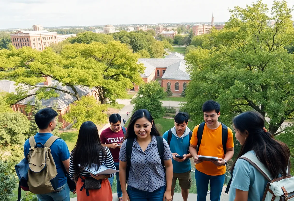 Texas A&M University campus with international students engaged in study and collaboration