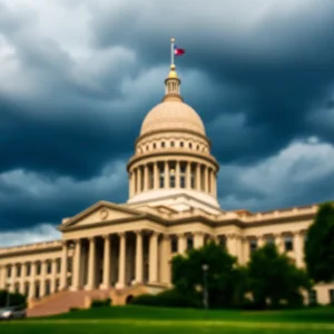 Capitol building with stormy skies representing legal controversies
